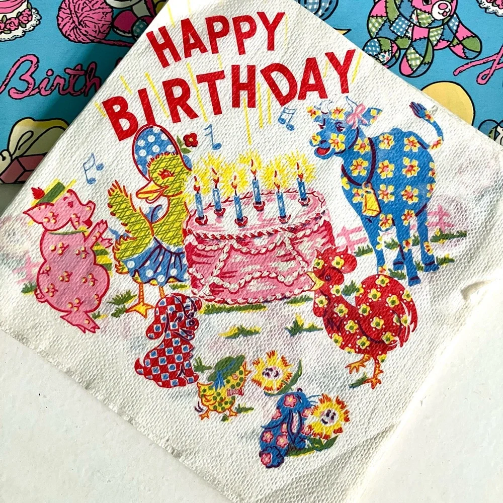 Vintage 60’s cute animals Happy Birthday wrapping paper sheets & napkins set